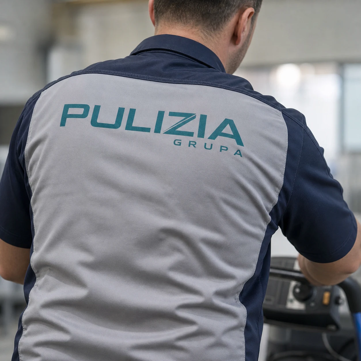 Pulizia radnik upravlja strojem za čišćenje u radnoj uniformi s logotipom